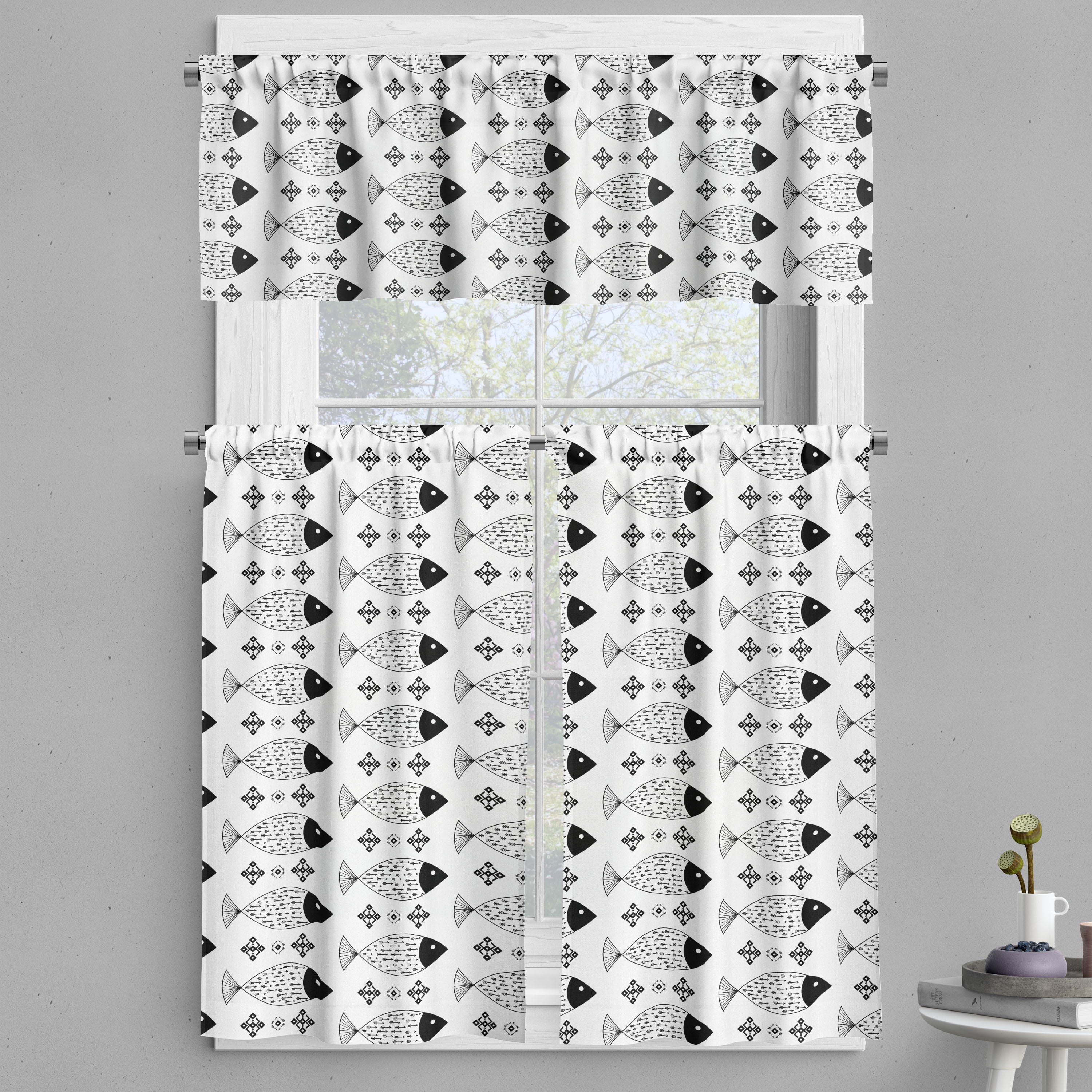 Ambesonne Black and White Valance & Curtain, Ocean Sea Life, 55"x30 ...