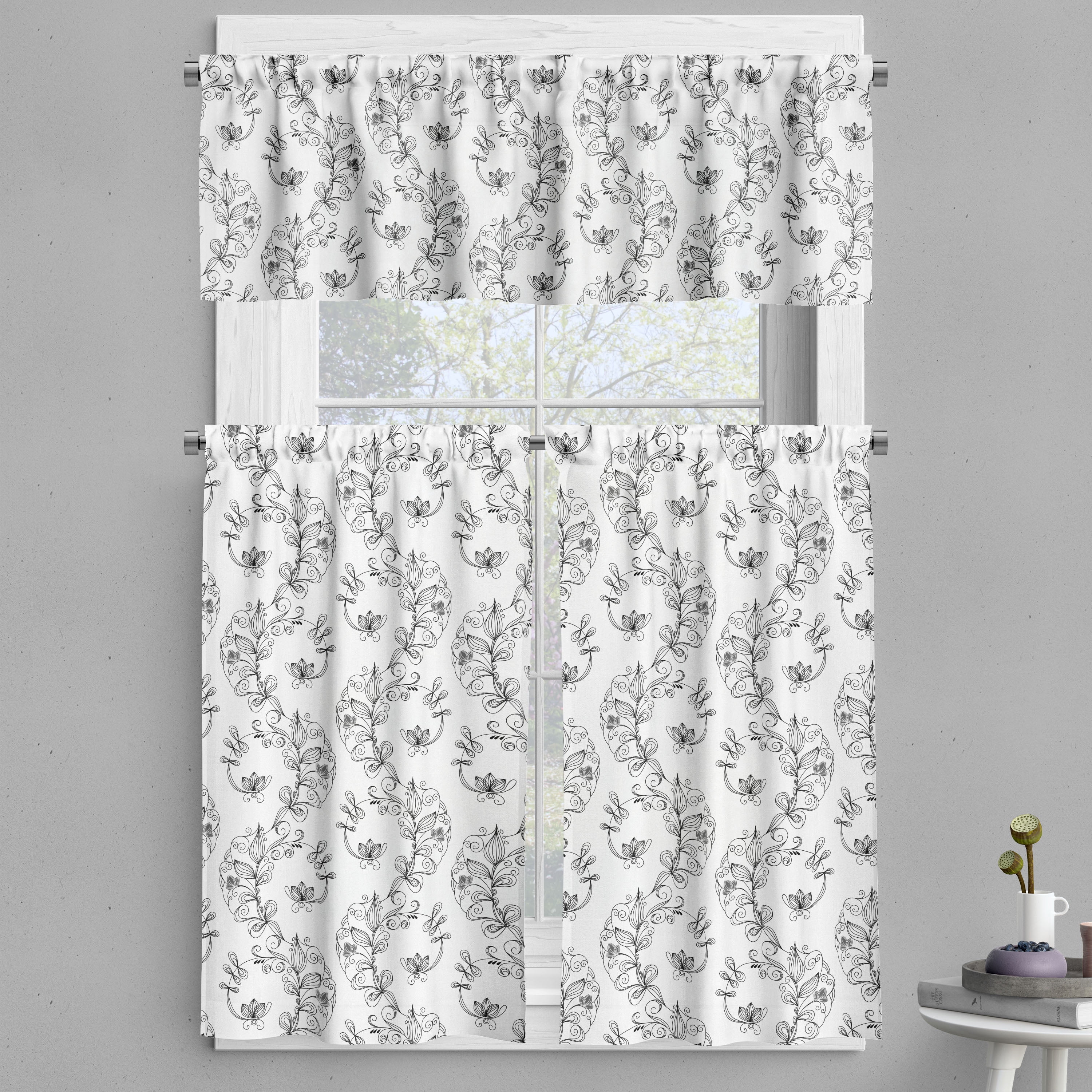 Ambesonne Black and White Valance & Curtain, Scroll Lilies, 55"x24 ...