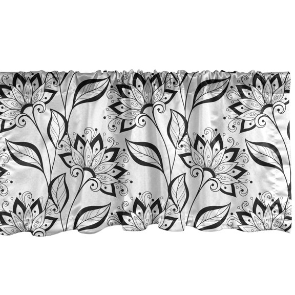 Ambesonne Black and White Window Valance, Hand-drawn Floral, 54" X 12", Black and White