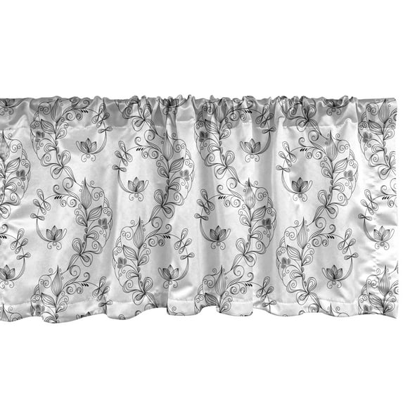 Ambesonne Black and White Window Valance, Scroll Lilies, 54" X 12", Black Grey White