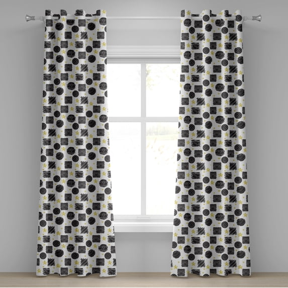 Ambesonne Black and Yellow Grommet Curtain, Scribble Art, 50" x 84", Black Yellow White