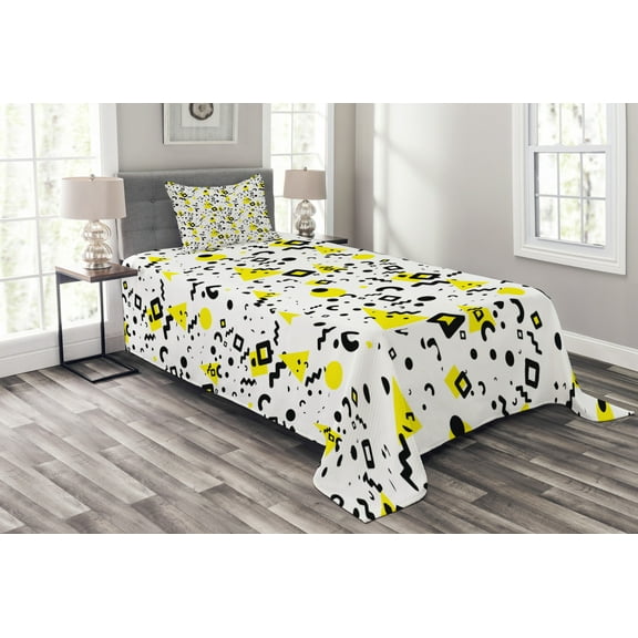 Ambesonne Black and Yellow Quilted Bedspread Set 2 Pcs, 80s Memphis, Twin Size, Black Yellow White