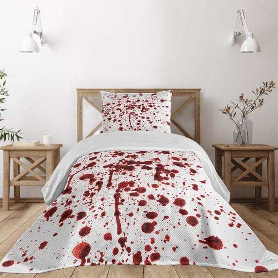 Ambesonne Bloody Quilted Coverlet 2 Pcs, Splashes of Blood Scary, Twin Size, Red White