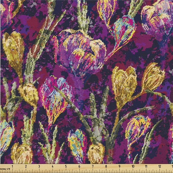 Ambesonne Blooming Floral Fabric by the Yard Upholstery, Grunge Retro Wave, 1 Yard, Yellow Green Magenta