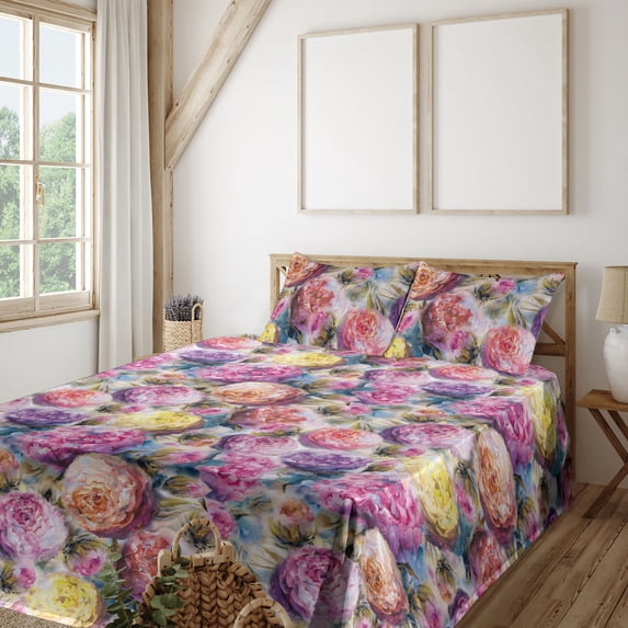 Ambesonne Blooming Floral Fitted & Flat Sheet with Shams 4 Pcs Set, Vintage Boho Garden, Queen, Magenta Pale Fuchsia