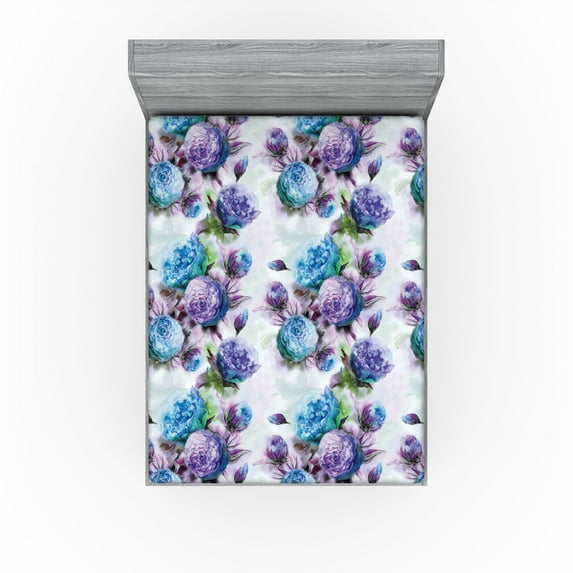 Ambesonne Blooming Floral Fitted Sheet, Art Romantic Blooms, California King, Deep Sky Blue Pale Lilac