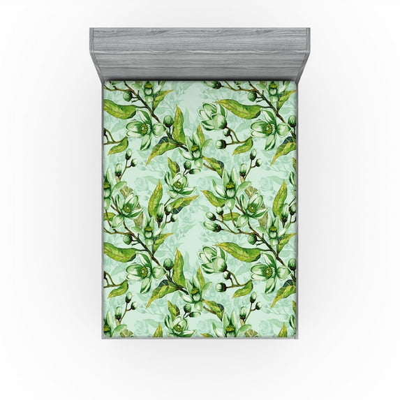 Ambesonne Blooming Floral Fitted Sheet, Asian Leaves Blooms, California King, Fern Green Mint Green