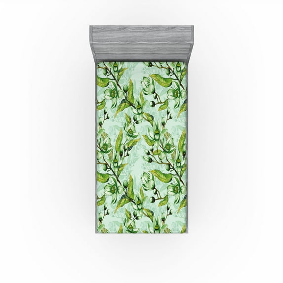 Ambesonne Blooming Floral Fitted Sheet, Asian Leaves Blooms, Twin XL Size, Fern Green Mint Green