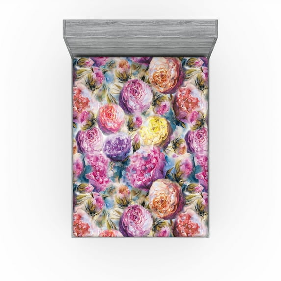 Ambesonne Blooming Floral Fitted Sheet, Vintage Boho Garden, California King, Magenta Pale Fuchsia