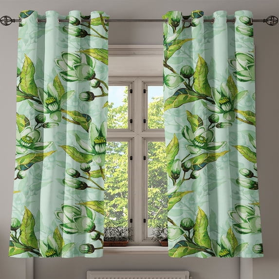 Ambesonne Blooming Floral Grommet Curtain, Asian Leaves Blooms, 50"x63", Fern Green Mint Green