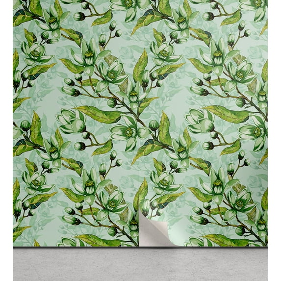 Ambesonne Blooming Floral Peel & Stick Wallpaper for Home, Asian Leaves Blooms, 13"x72", Fern Green Mint Green