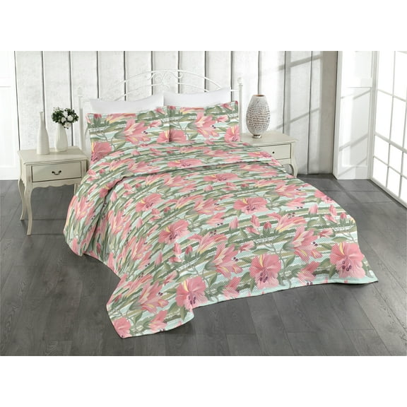 Ambesonne Blooming Floral Quilted Bedspread Set 3 Pcs, Leafy Pastel Spring, King, Pastel Pink Peacock Green