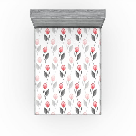 Ambesonne Blooming Flowers Fitted Sheet, Sketch Leaves Boho, California King, Dark Coral Dimgray White