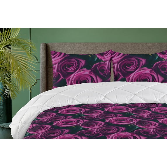 Ambesonne Blooming Roses Down Alternative Quilt Comforter, Boho Floral Neutral, Twin, Magenta Hot Pink Teal
