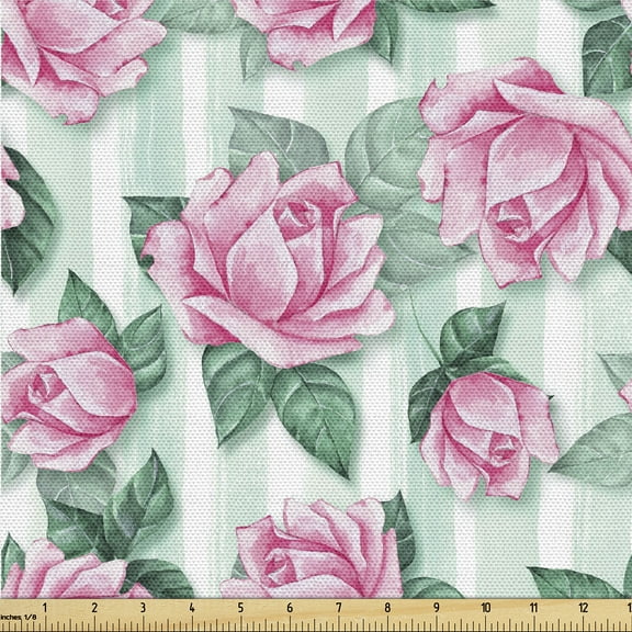 Ambesonne Blooming Roses Fabric by the Yard Upholstery, Boho Floral Vintage, 3 Yards, Pastel Pink Jade Green