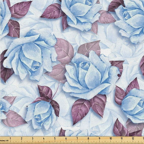Ambesonne Blooming Roses Fabric by the Yard Upholstery, Winter Feels Flowers, 10 Yards, Pale Maroon Soft Blue