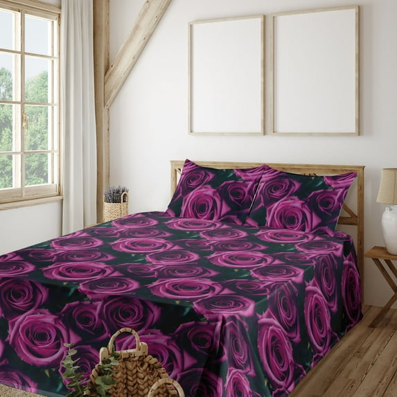 Ambesonne Blooming Roses Fitted & Flat Sheet with Sham 3 Pcs Set, Boho Floral Neutral, Twin, Magenta Hot Pink Teal
