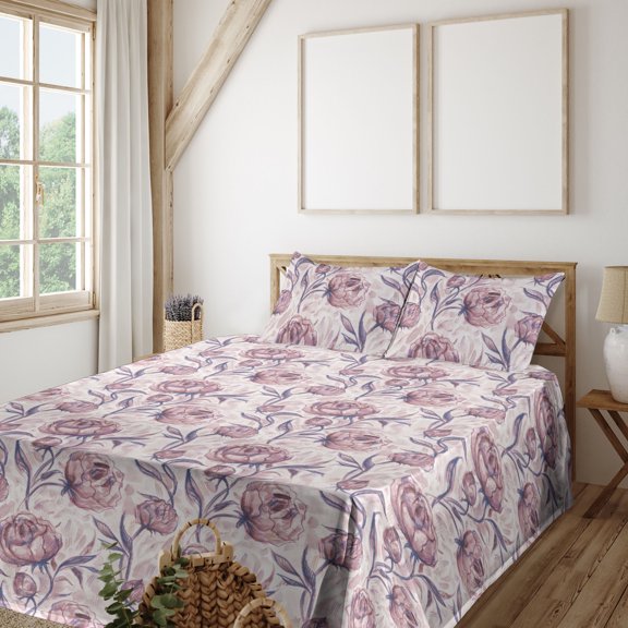 Ambesonne Blooming Roses Fitted & Flat Sheet with Sham 3 Pcs Set, Sketchy Garden Bloom, Twin, Indigo Pale Ruby