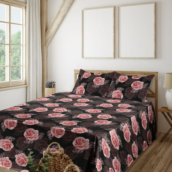 Ambesonne Blooming Roses Fitted & Flat Sheet with Sham 3 Pcs Set, Vintage Scene Floral, Twin, Dried Rose and Pale Pink