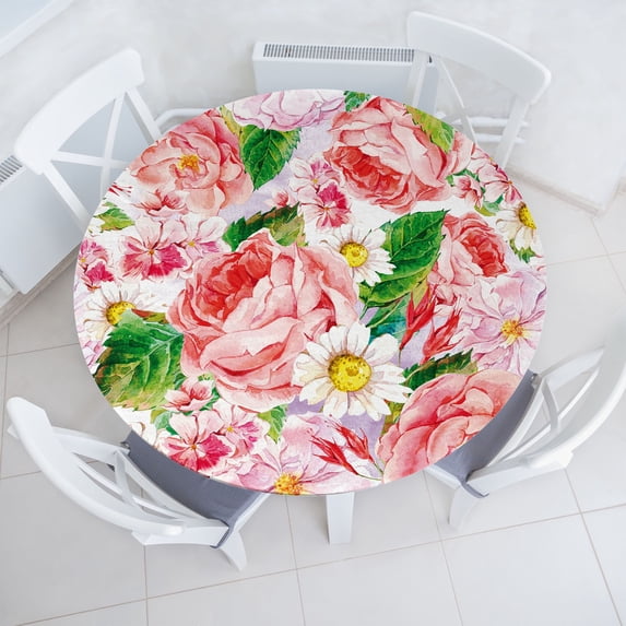 Ambesonne Blooming Roses Fitted Round Tablecloth, Daisy and Rose Print, 45"- 56" Diameter, Pastel Pink Fern Green