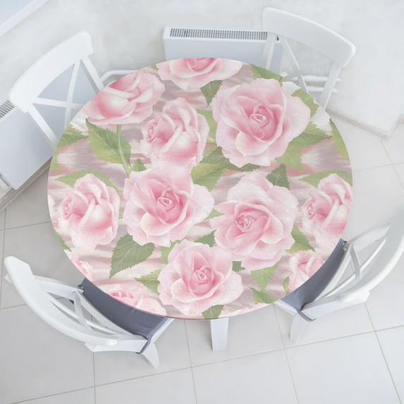 Ambesonne Blooming Roses Fitted Round Tablecloth, Leafy Vintage Flower, 40"- 44" Diameter, Pistachio Green Pale Pink