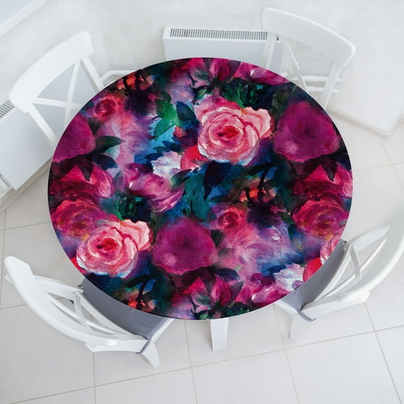 Ambesonne Blooming Roses Fitted Round Tablecloth, Wild Spring Flowers, 36"- 40" Diameter, Dark Magenta Pale Pink