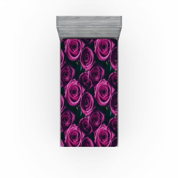 Ambesonne Blooming Roses Fitted Sheet, Boho Floral Neutral, Twin XL Size, Magenta Hot Pink Teal