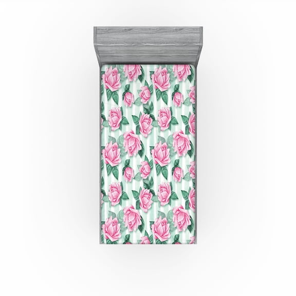 Ambesonne Blooming Roses Fitted Sheet, Boho Floral Vintage, Twin Size, Pastel Pink Jade Green