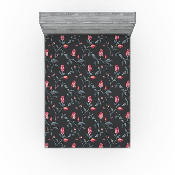 Ambesonne Blooming Roses Fitted Sheet, Boho Jungle Flowers, Queen Size, Dark Sea Green Dark Coral