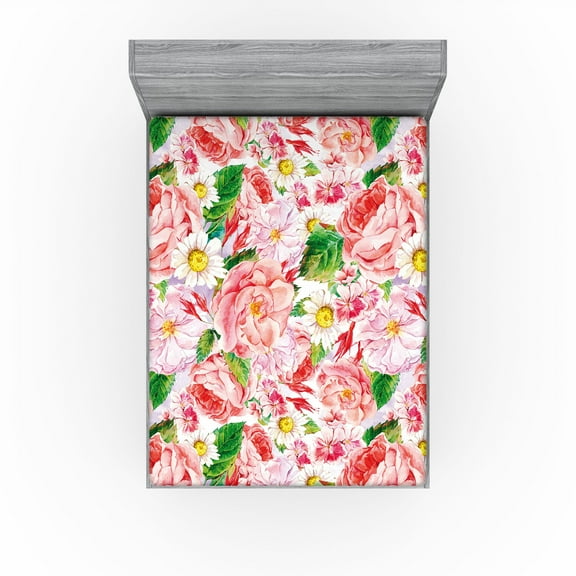 Ambesonne Blooming Roses Fitted Sheet, Daisy and Rose Print, King Size, Pastel Pink Fern Green