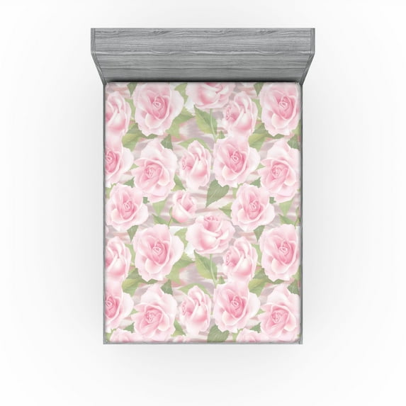 Ambesonne Blooming Roses Fitted Sheet, Leafy Vintage Flower, Queen Size, Pistachio Green Pale Pink