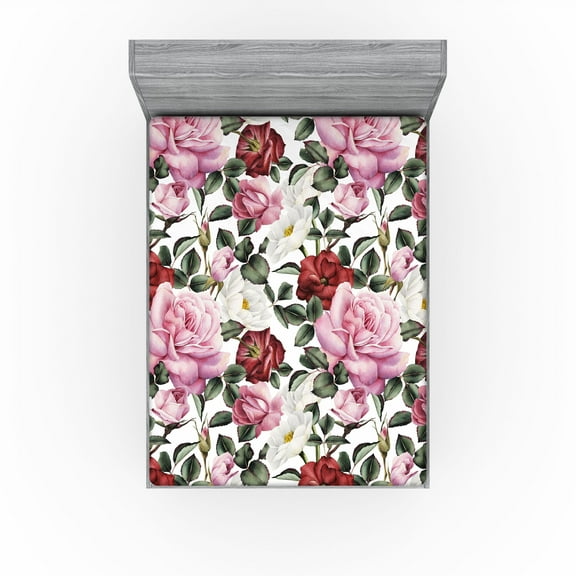 Ambesonne Blooming Roses Fitted Sheet, Romantic Leaves Art, Full Size, Pale Pink Peacock Green