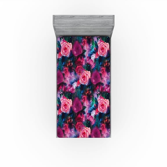 Ambesonne Blooming Roses Fitted Sheet, Wild Spring Flowers, Twin Size, Dark Magenta Pale Pink