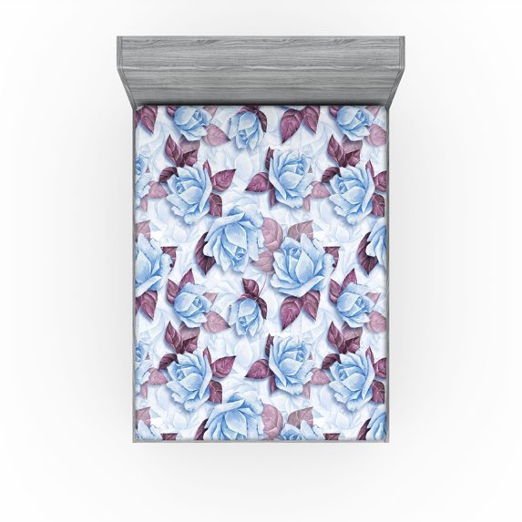 Ambesonne Blooming Roses Fitted Sheet, Winter Feels Flowers, King Size, Pale Maroon Soft Blue