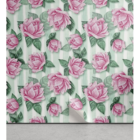 Ambesonne Blooming Roses Peel & Stick Wallpaper for Home, Boho Floral Vintage, 13"x72", Pastel Pink Jade Green