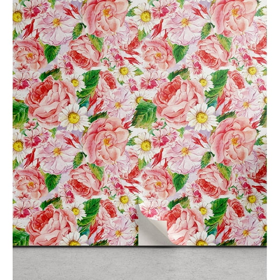 Ambesonne Blooming Roses Peel & Stick Wallpaper for Home, Daisy and Rose Print, 13"x72", Pastel Pink Fern Green
