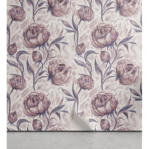 Ambesonne Blooming Roses Peel & Stick Wallpaper for Home, Sketchy Garden Bloom, 13"x100", Indigo Pale Ruby