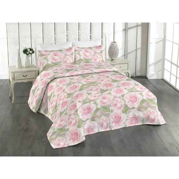 Ambesonne Blooming Roses Quilted Bedspread Set 3 Pcs, Leafy Vintage Flower, Queen, Pistachio Green Pale Pink