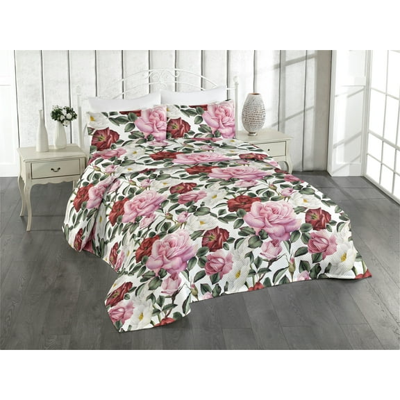 Ambesonne Blooming Roses Quilted Bedspread Set 3 Pcs, Romantic Leaves Art, Queen, Pale Pink Peacock Green