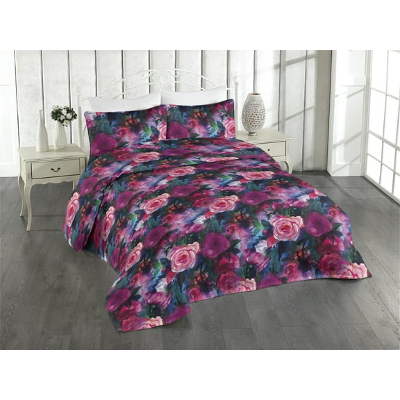 Ambesonne Blooming Roses Quilted Bedspread Set 3 Pcs, Wild Spring Flowers, Queen, Dark Magenta Pale Pink
