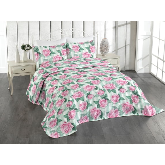 Ambesonne Blooming Roses Quilted Coverlet 2 Pcs, Boho Floral Vintage, Twin Size, Pastel Pink Jade Green