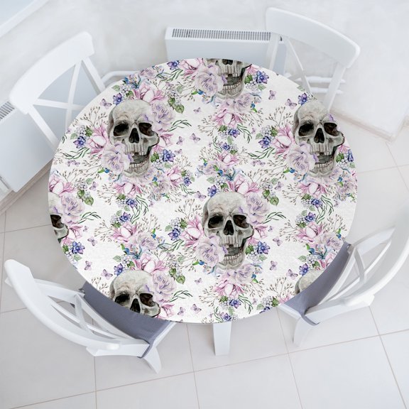 Ambesonne Blooming Skull Fitted Round Tablecloth, Roses Peonies Gothic, 36"- 40" Diameter, Blue Grey Soft Pink
