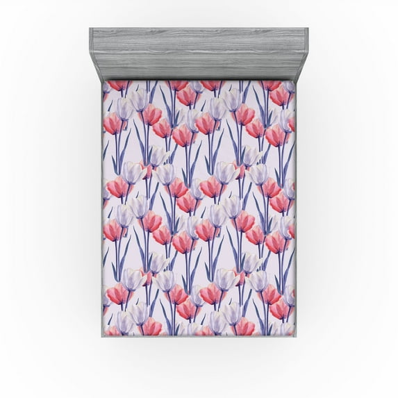 Ambesonne Blooming Tulips Fitted Sheet, Floral Watercolor, King Size, Pale Lavender Dark Coral