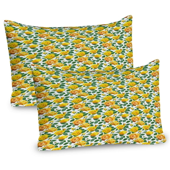 Ambesonne Blossom Pillow Sham 2 Pack, Yellow Toned Rose Pattern, 26"x20", Yellow Green Dark Peach