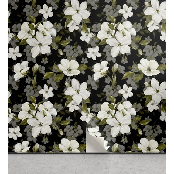 Ambesonne, Blossom Theme Peel & Stick Wallpaper for Home, Spring Flowers Leaves, 13"x36", White Pale Olive Green