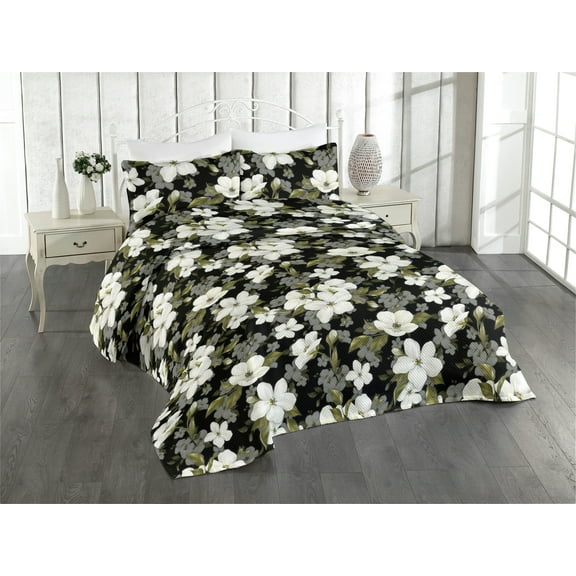 Ambesonne Blossom Theme Quilted Bedspread Set 3 Pcs, Spring Flowers Leaves, King, White Pale Olive Green