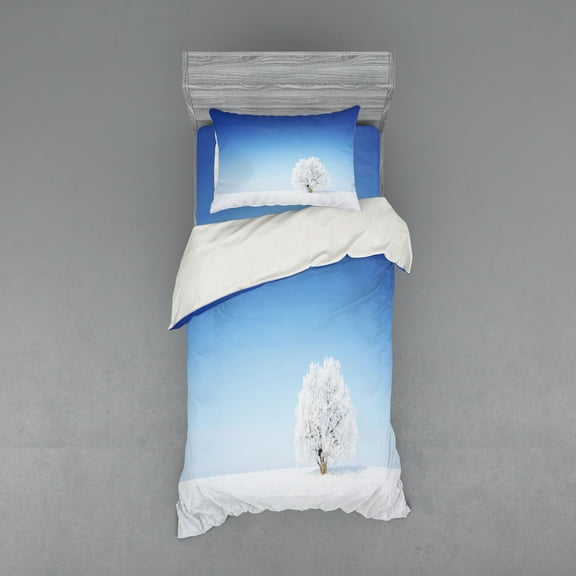 Ambesonne Blue Bedding Set 3 Pcs, Alone Tree Snowy Field, Twin, White Blue