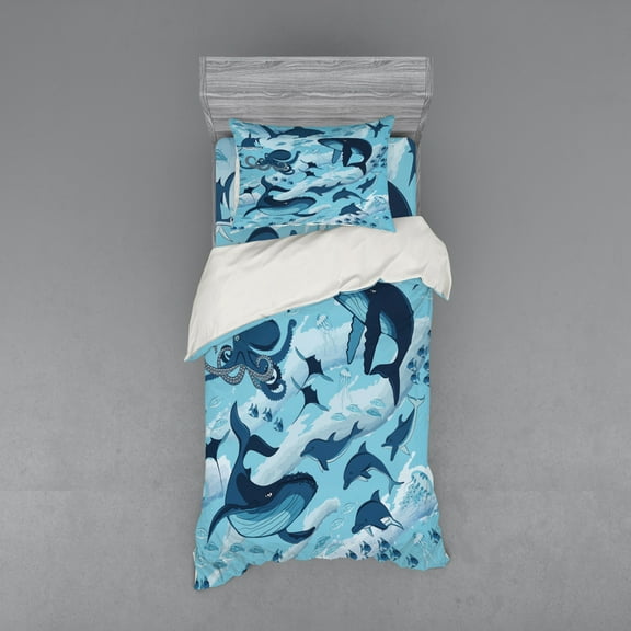 Ambesonne Blue Bedding Set 3 Pcs, Dolphins Octopus Starfish, Twin, Blue