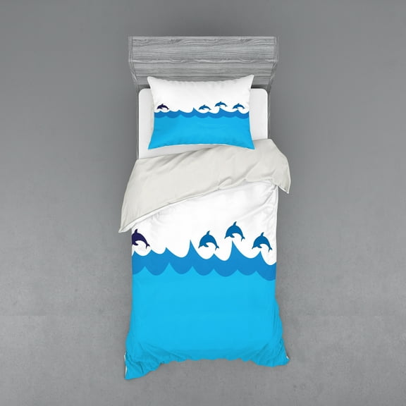 Ambesonne Blue Bedding Set 3 Pcs, Dolphins on Waves Ocean, Twin XL, Blue Turquoise