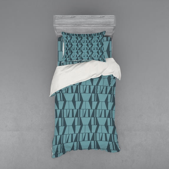 Ambesonne Blue Bedding Set 3 Pcs, Modern Squares Triangles, Twin, Petrol Blue Dark Blue